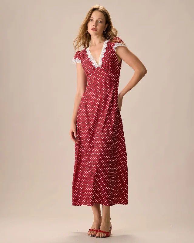 The Red V Neck Polka Dot Lace Ruched Maxi Dress | Red