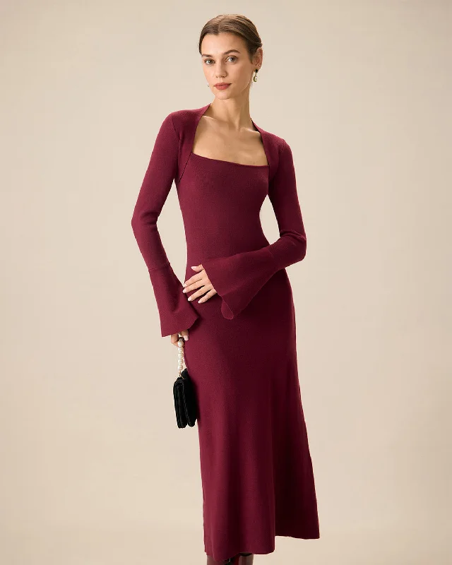 The Red Square Neck Flare Sleeve Midi Dress | Wine Red