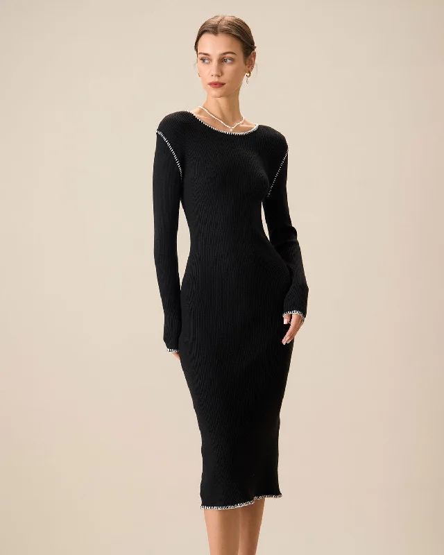 Women's Black Contrasting Ribbed Sweater Midi Dress | Black