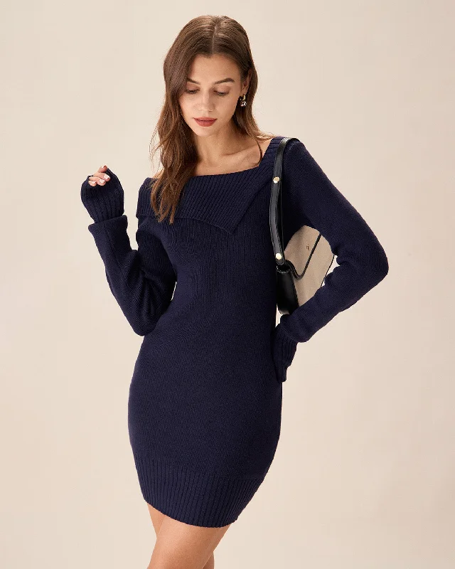 Navy Off The Shoulder Bodycon Sweater Dress | Navy