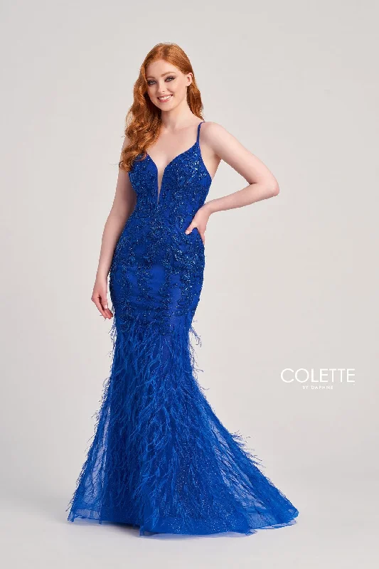 Colette CL5103 Long Formal Beaded Prom Feather Dress