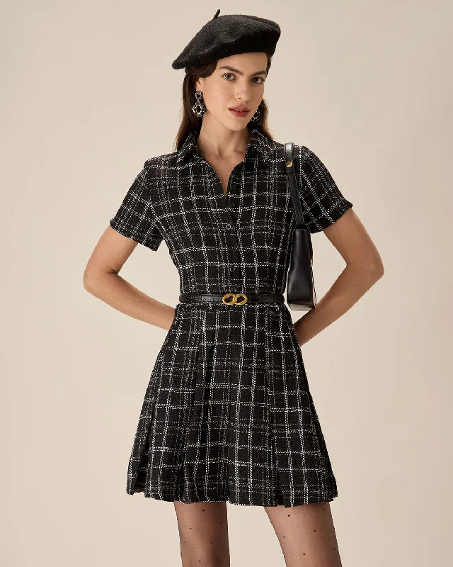 Black Plaid Tweed Mini Dress | Black