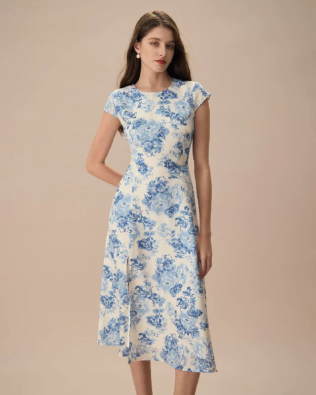 The Blue Round Neck Cap Sleeve Floral Midi Dress | Blue