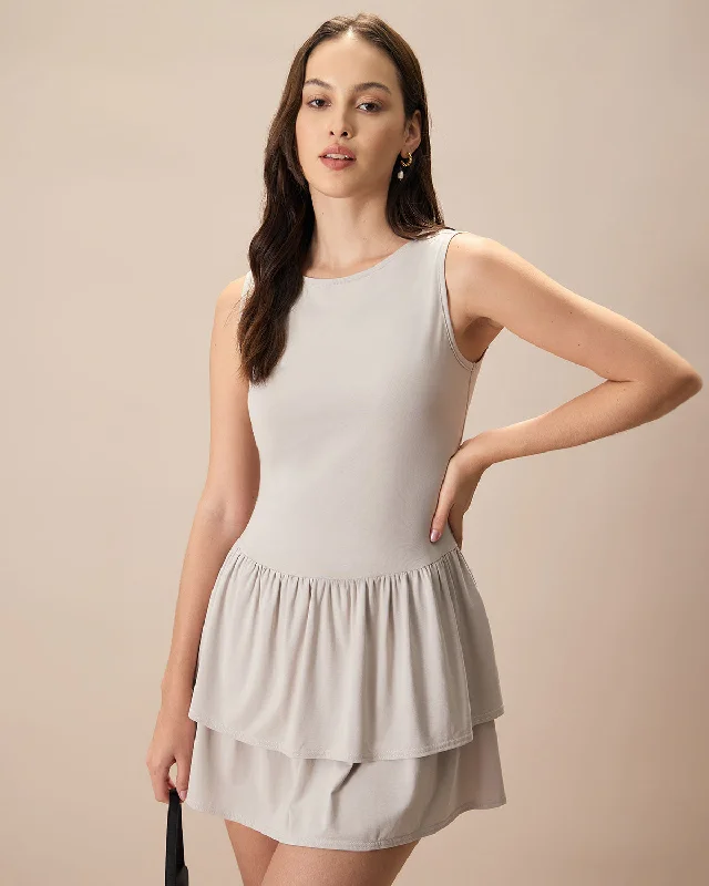 Women's Grey Crew Neck Ruffle Tiered Cotton Mini Dress | Grey