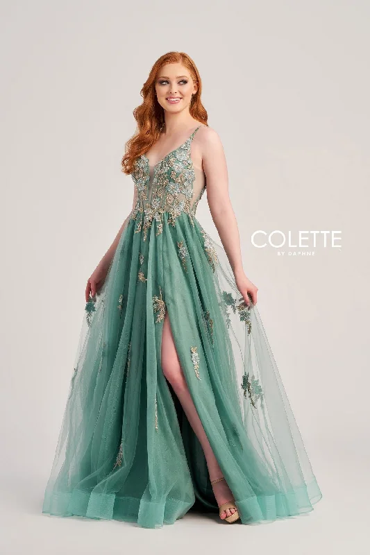 Colette CL5143 Floral Applique Long Formal Glitter Prom Dress