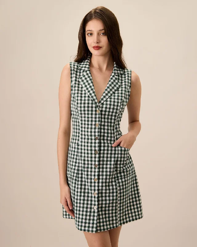 The Green Plaid Sleeveless Cotton Pocket Mini Dress | Green