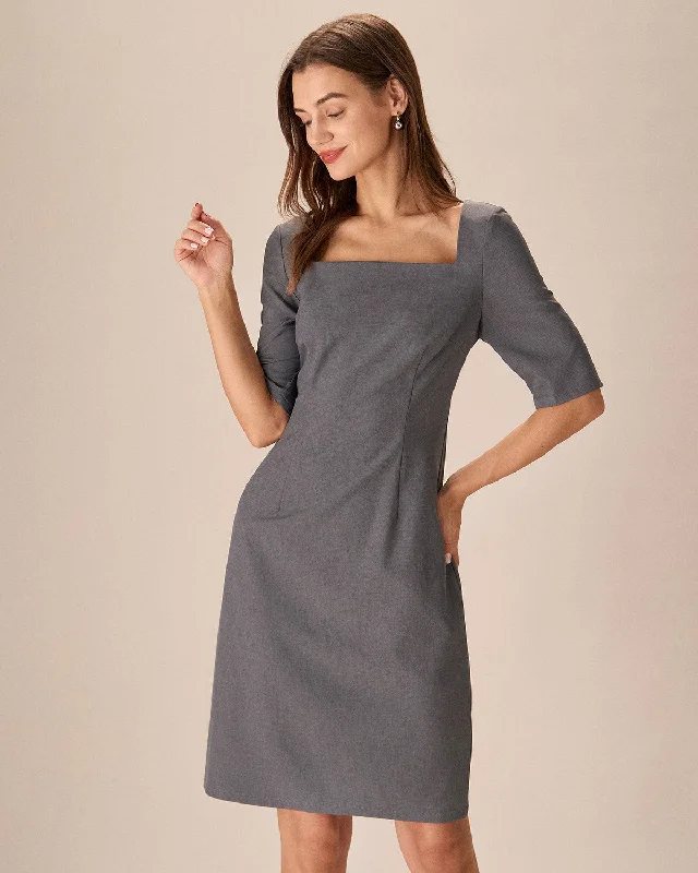 Grey Square Neck Slit Midi Dress | Grey