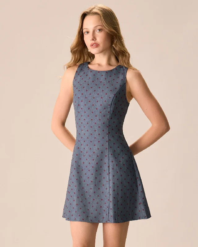 The Grey Round Neck Polka Dot Mini Dress | Grey