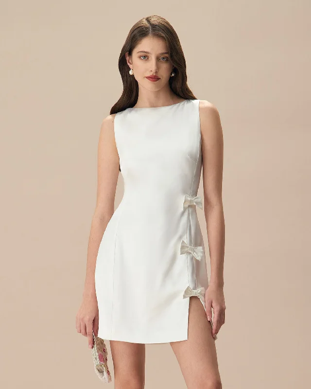 The White Boat Neck Bowknot Satin Mini Dress | White