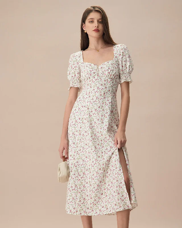 The Beige Sweetheart Neck Puff Sleeve Floral Midi Dress | Beige