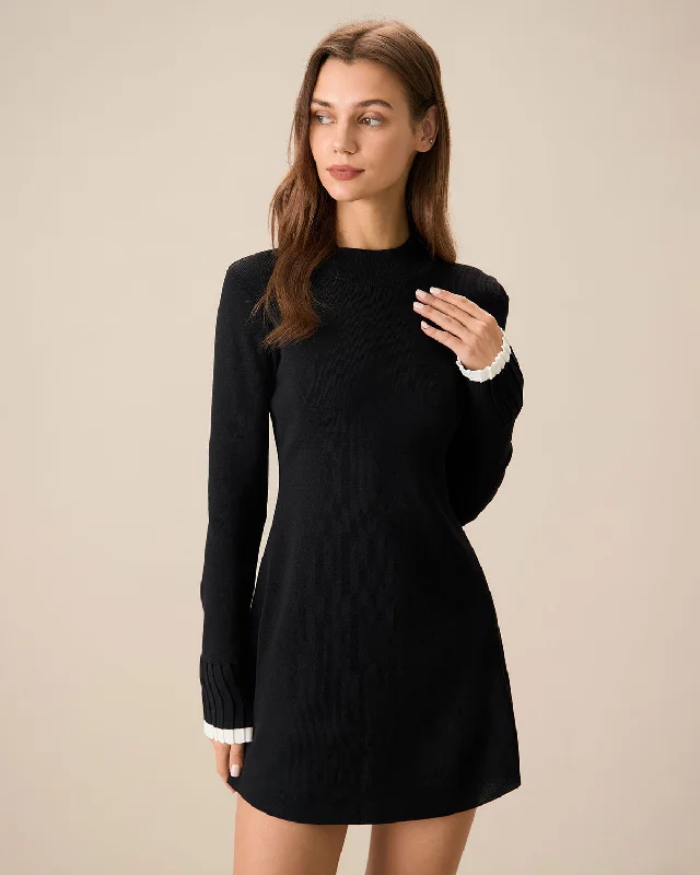 Black Contrasting Long Sleeve Sweater Mini Dress | Black