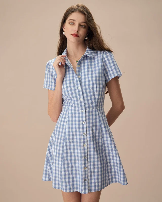 Women's Blue Plaid Lapel Cotton Mini Dress | Blue