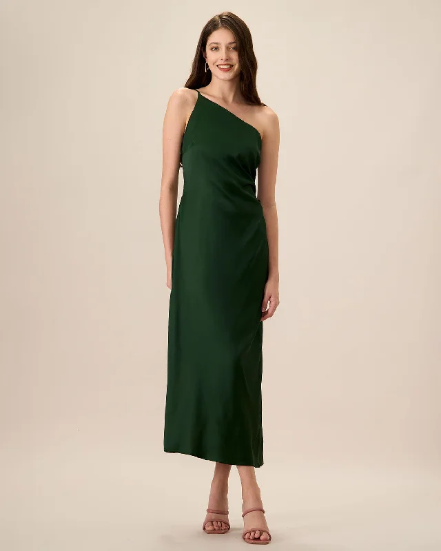 Women's Green One-shoulder Satin Maxi Dress | Green