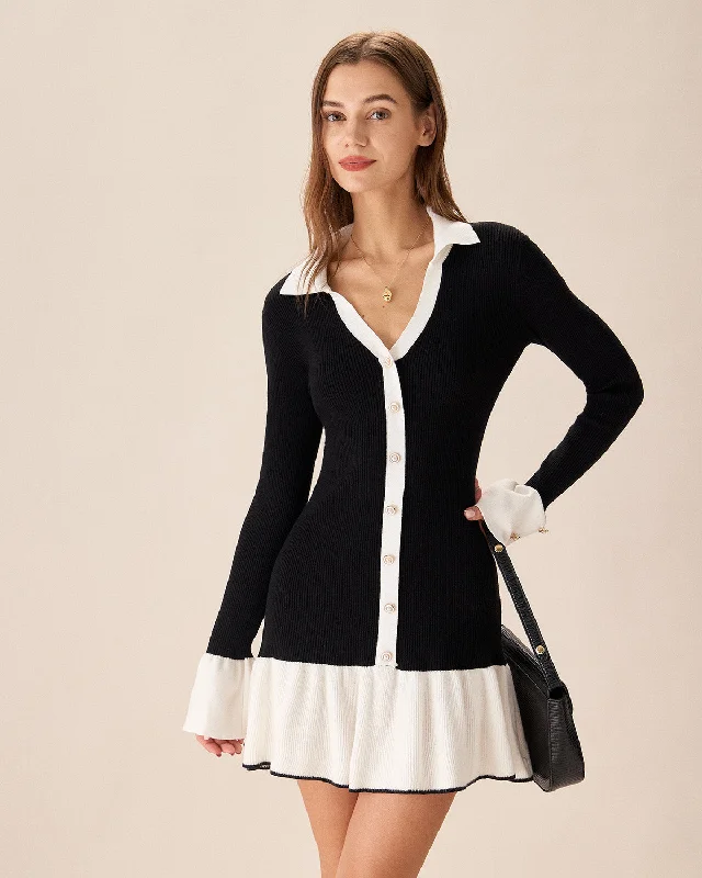 Black Contrasting Bell Sleeve Sweater Dress | Black