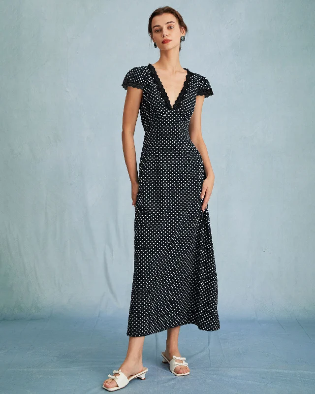 Black Polka Dot V Neck Maxi Dress | Black