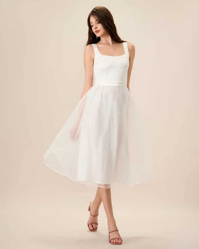 Women's White See-Through Splicing Midi Dress | White