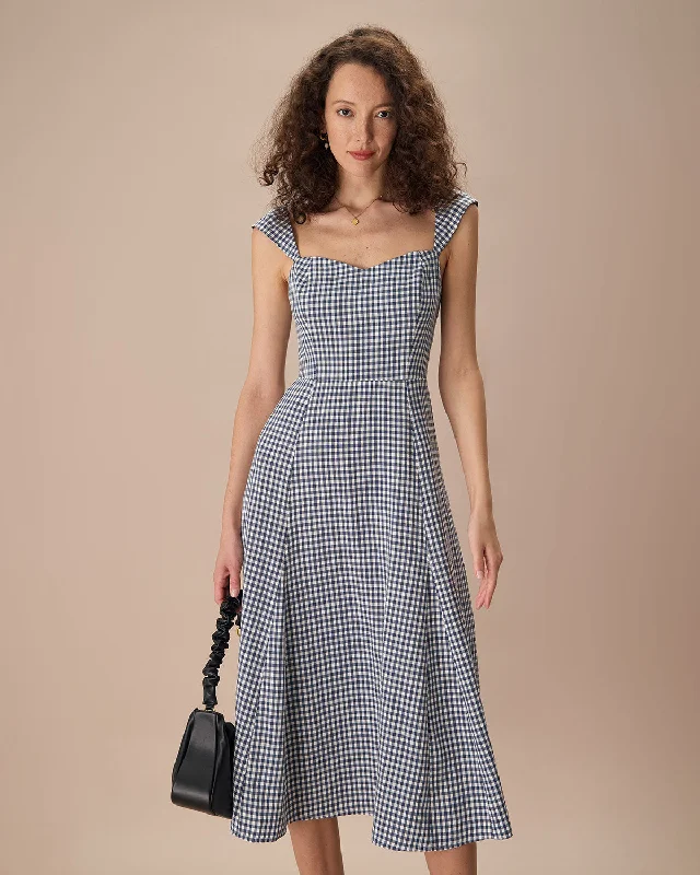 The Navy Plaid Shirred Back Midi Dress | Navy