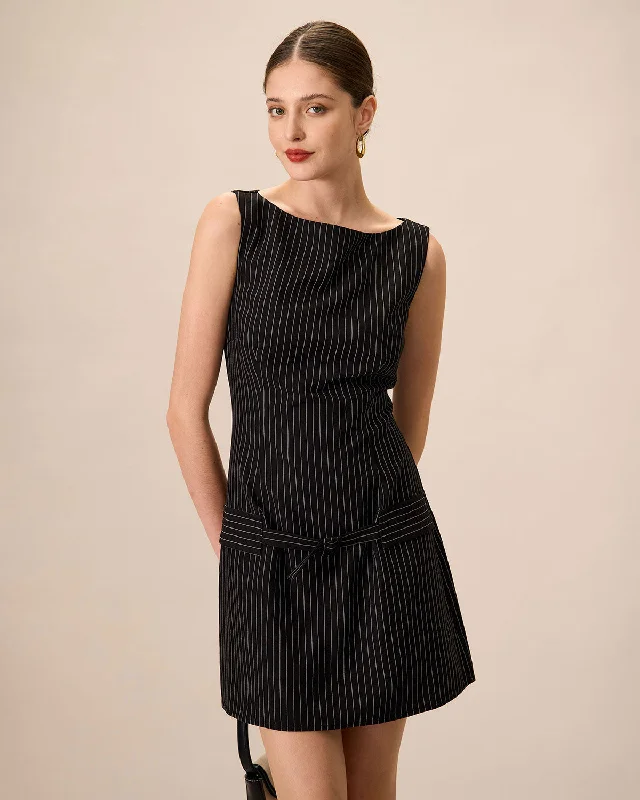 Women's Black Boat Neck Striped Mini Dress | Black