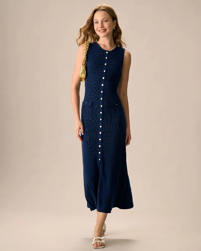 Women's Navy Button-up Sweater Maxi Dress | Navy