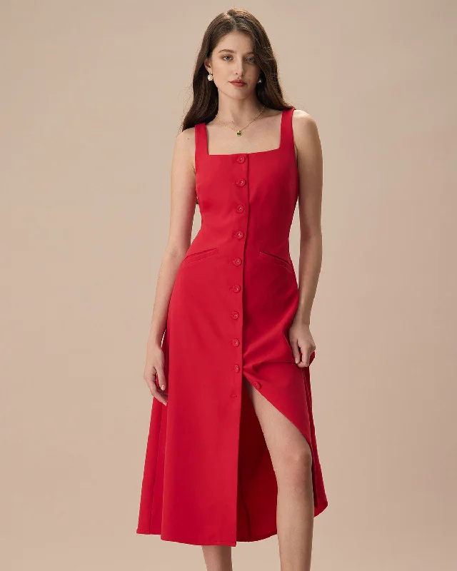 The Red Square Neck Pocket Midi Dress | Red