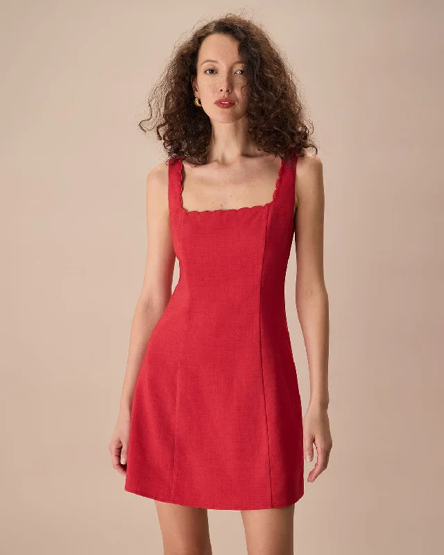 The Red Square Neck Scalloped Mini Dress | Red