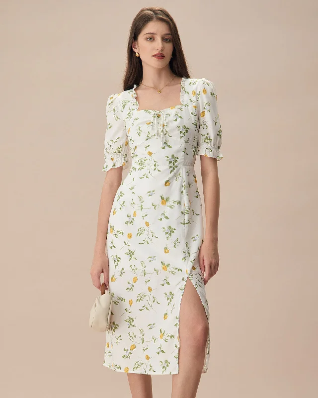 The White Square Neck Frill Trim Floral Midi Dress | White