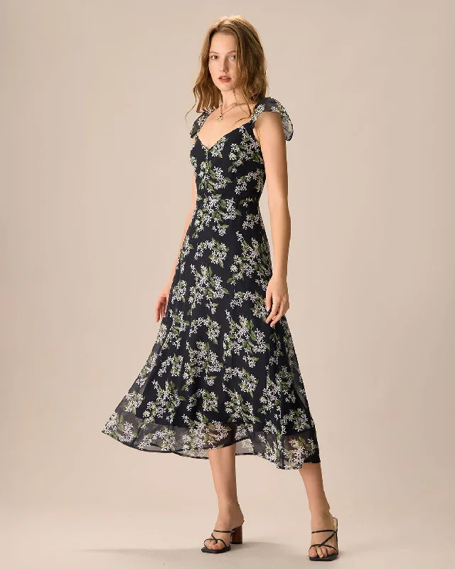 Women's Black Floral Shirred Midi Dress | Black