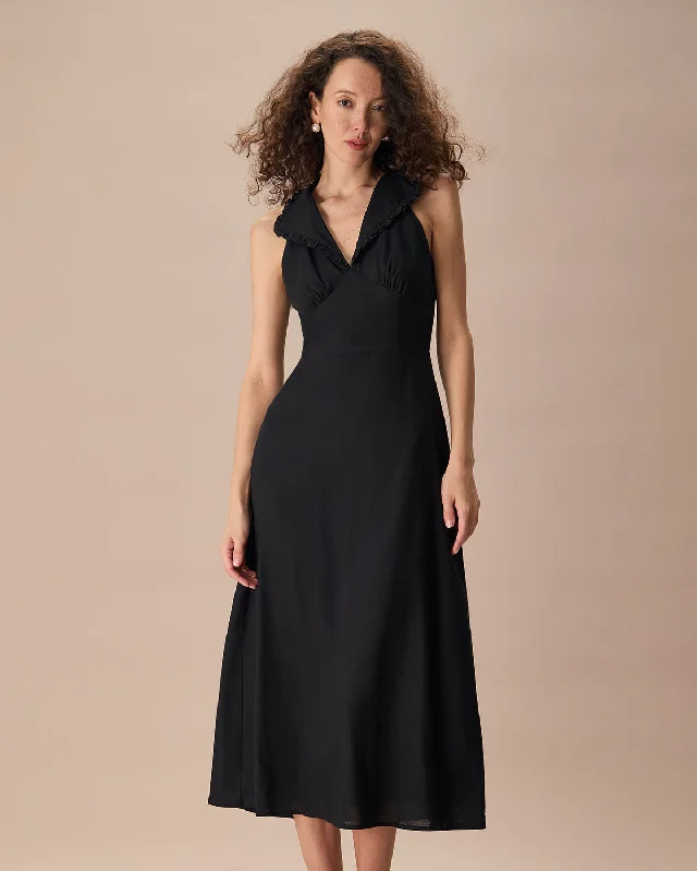 The Black Collared Frill Trim Linen Maxi Dress | Black