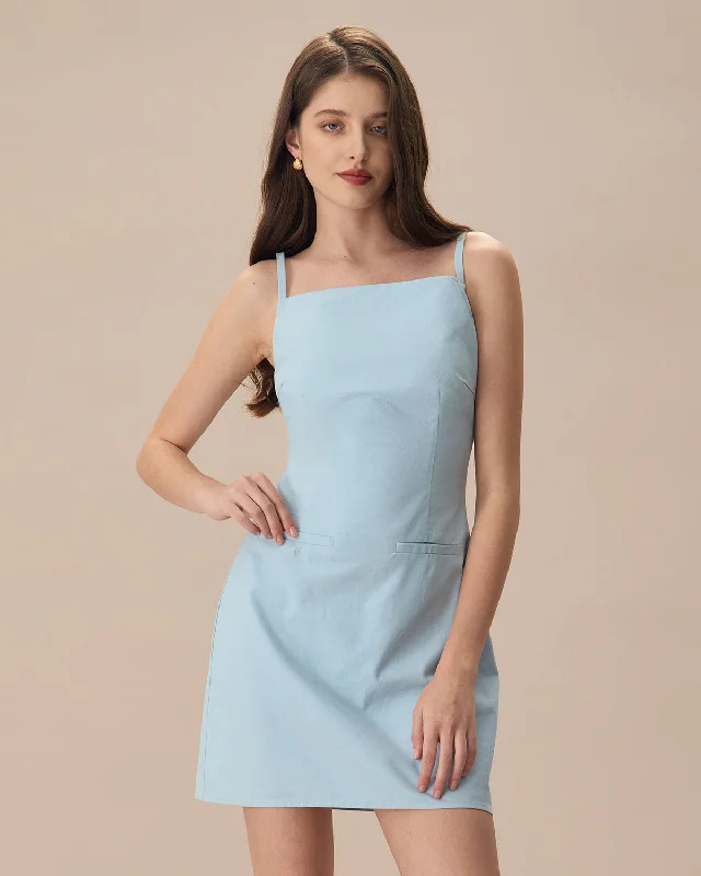 The Blue Square Neck Linen Slip Mini Dress | Blue