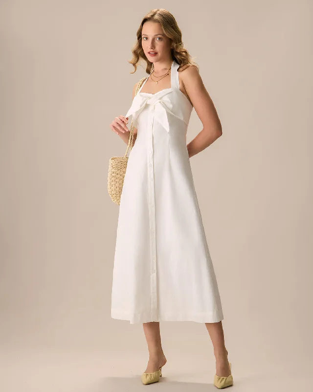 The White Sweetheart Neck Ruched Button Maxi Dress | White