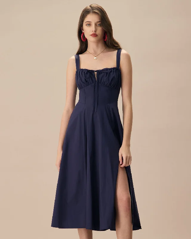 The Navy Square Neck Ruched Slip Midi Dress | Navy