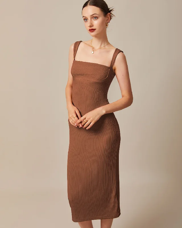 The Caramel Square Neck Ribbed Midi Dress | Caramel