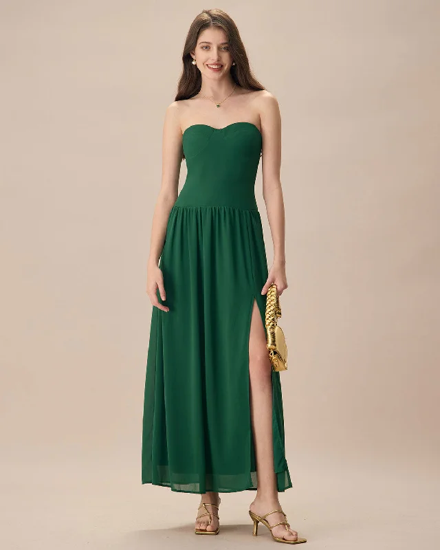 The Green Sweetheart Neck Ruched Maxi Dress | Green