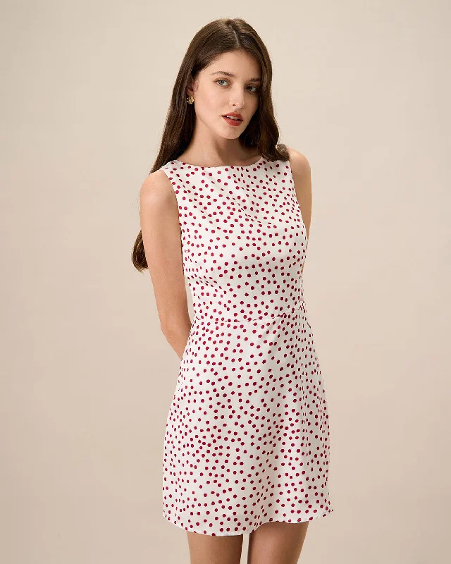 Women's White Boat Neck Polka Dot Mini Dress | White