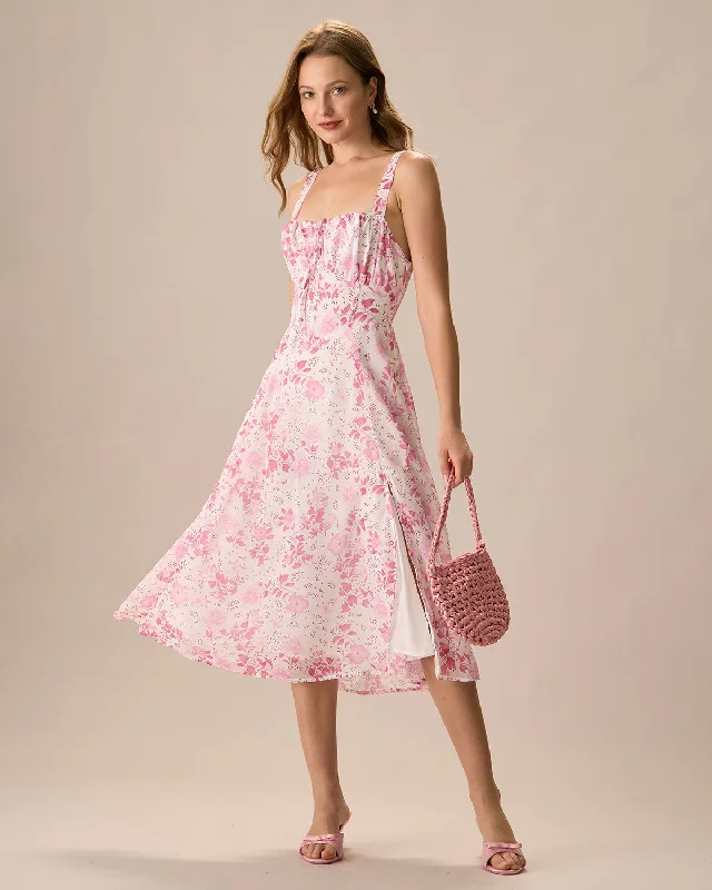 The Pink Square Neck Floral Ruched Midi Dress | Pink