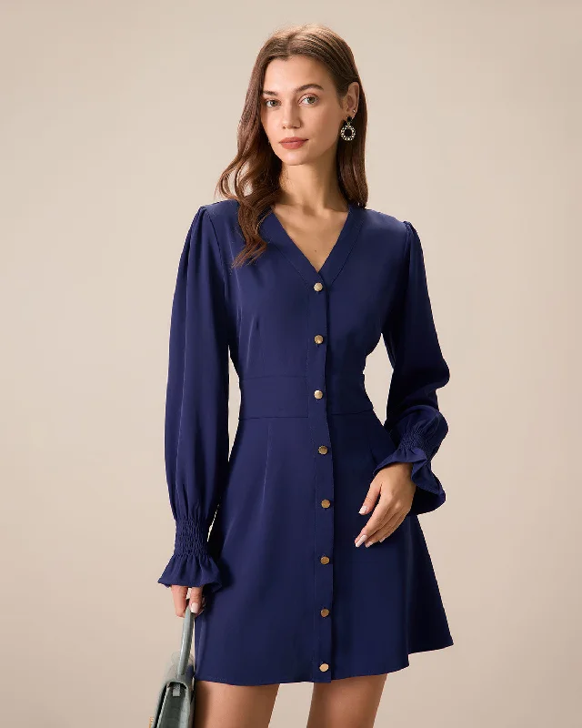 Women's Navy Ruffle Long Sleeve Mini Dress | Navy