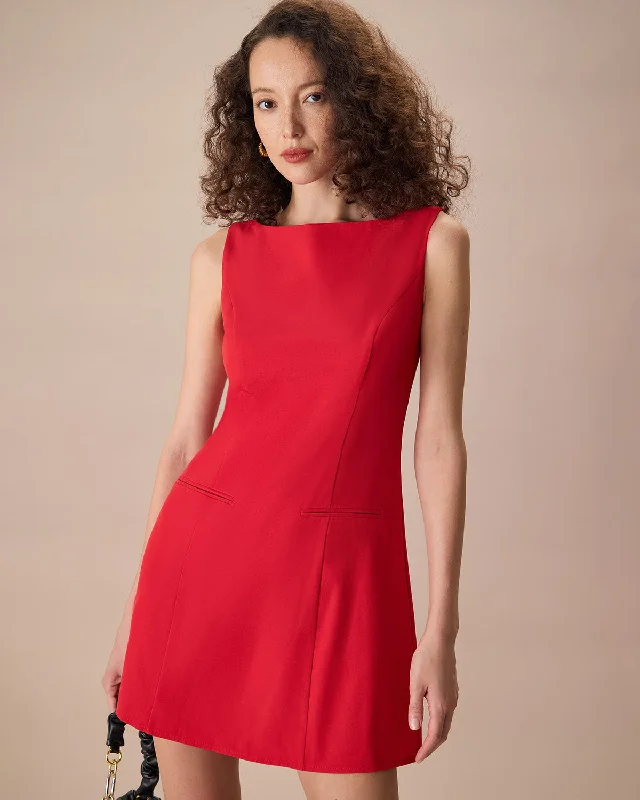 The Red Boat Neck Sleeveless Mini Dress | Red