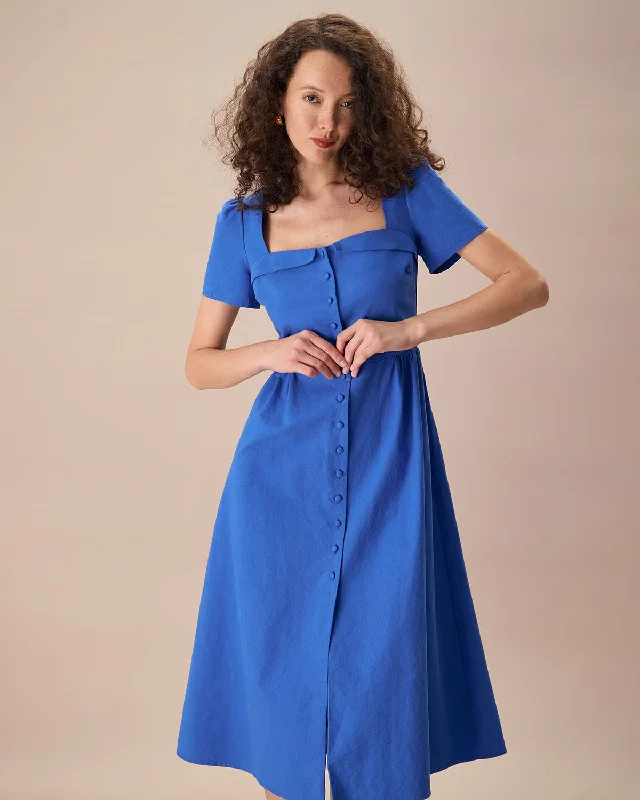 The Blue Sweetheart Neck Button Midi Dress | Navy