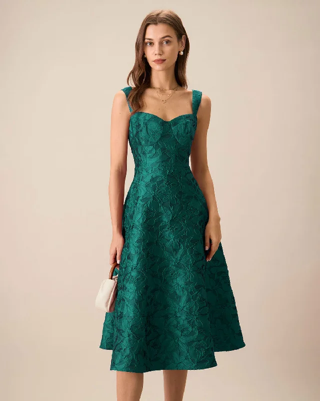 Green Sweetheart Neck Jacquard Midi Dress | Green