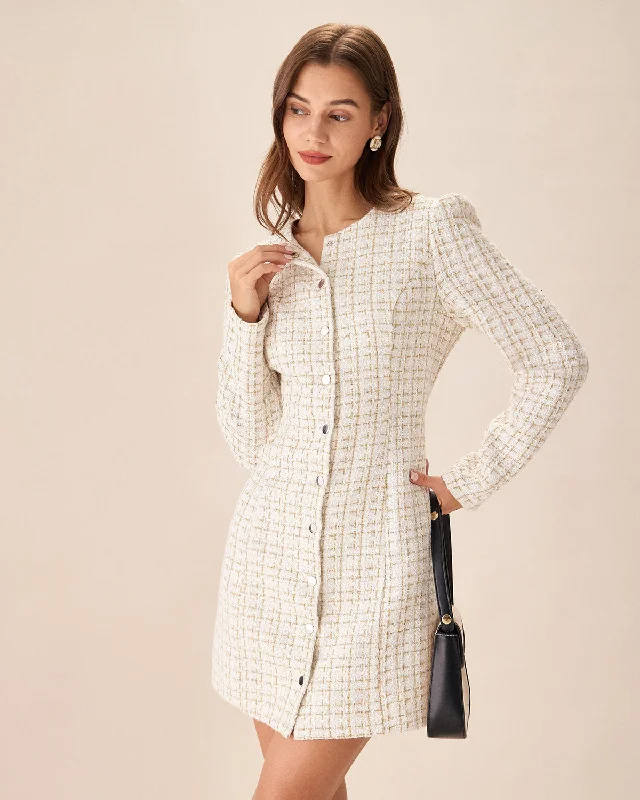 White Square Neck Tweed Mini Dress | White