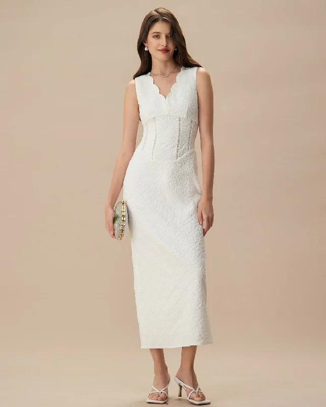 Women's White V-Neck Jacquard Maxi Dress | White