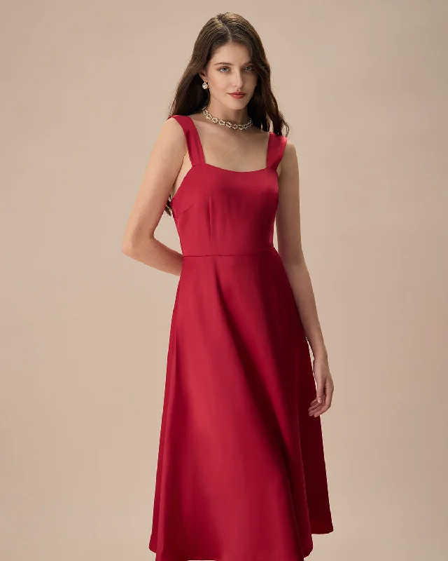 Women's Red Satin Slip Midi Dress | Red