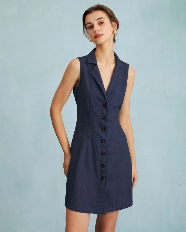 The Navy Lapel Button-up Sleeveless Mini Dress | Navy