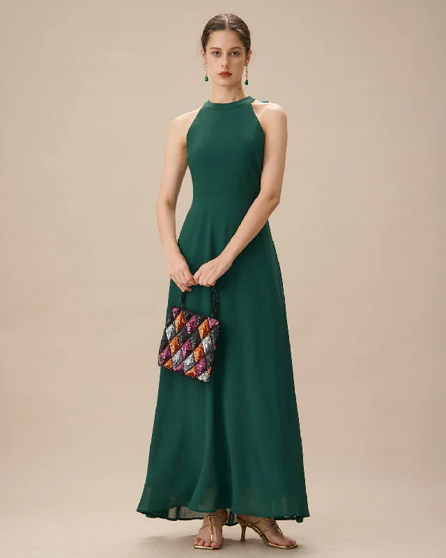 Green Halter Bowknot Back Maxi Dress | Green