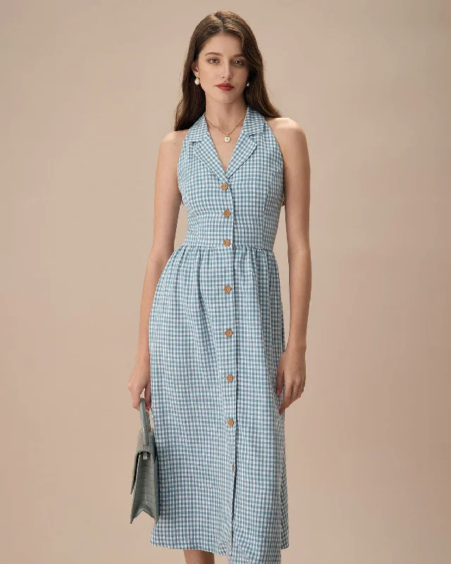 The Blue Lapel Plaid Sleeveless Shirt Midi Dress | Blue