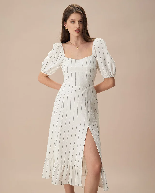 The Beige Puff Sleeve Striped Split Cotton Midi Dress | Beige