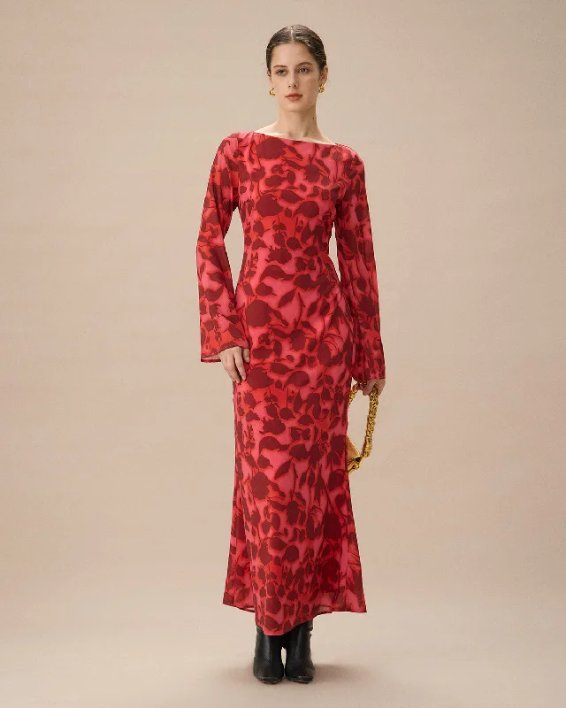 Red Floral Bell Sleeve Maxi Dress | Red