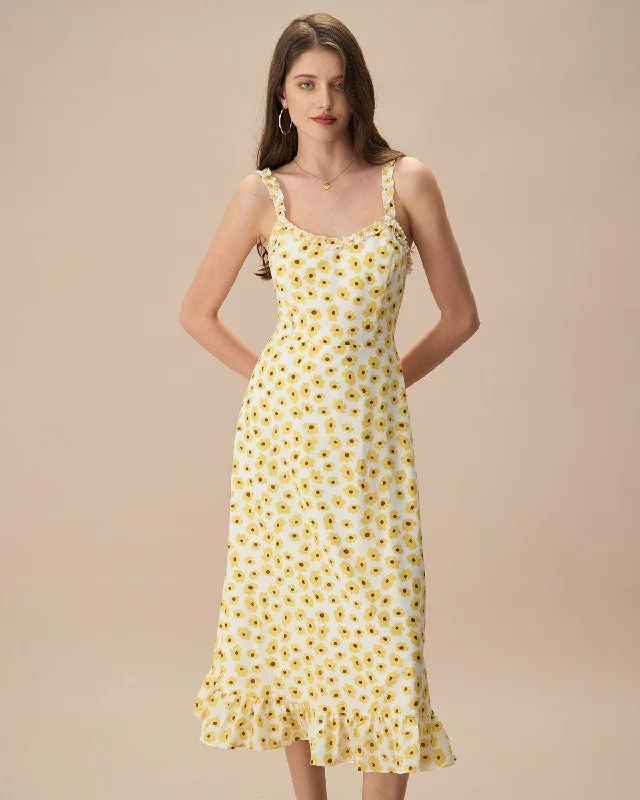 The Yellow Daisy Ruffle Slip Midi Dress | Yellow