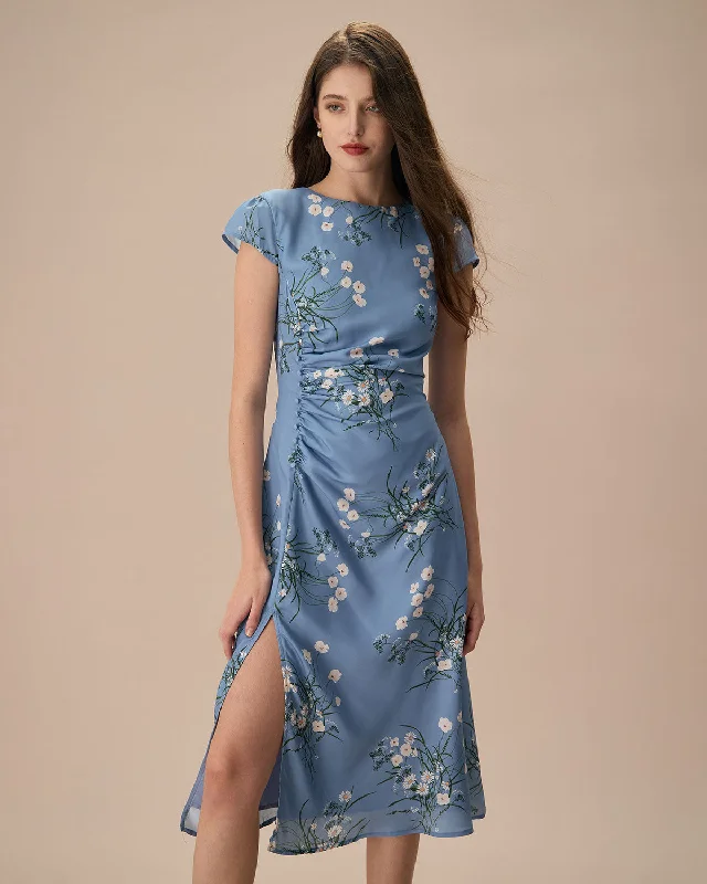 The Blue Round Neck Slit Floral Midi Dress | Blue