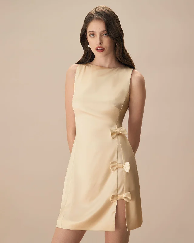 The Yellow Boat Neck Bowknot Satin Mini Dress | Yellow